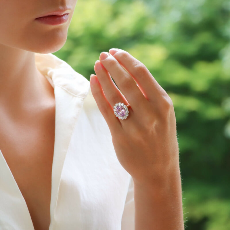 Certified Pastel Pink Sapphire and Diamond Cluster Ring