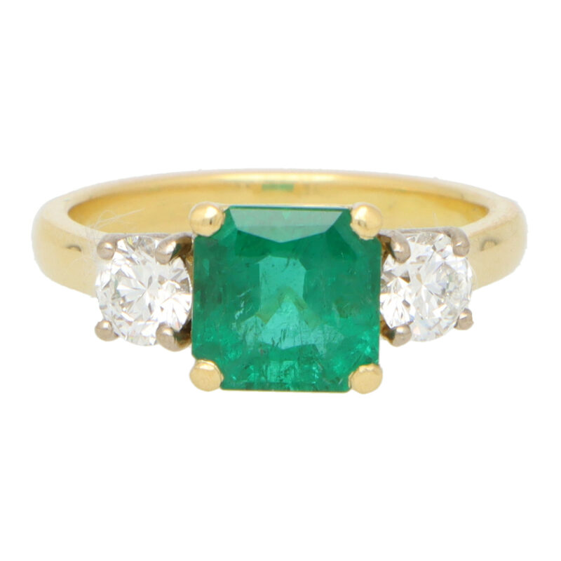 GIA  Certified Emerald and Diamond Three Stone Ring