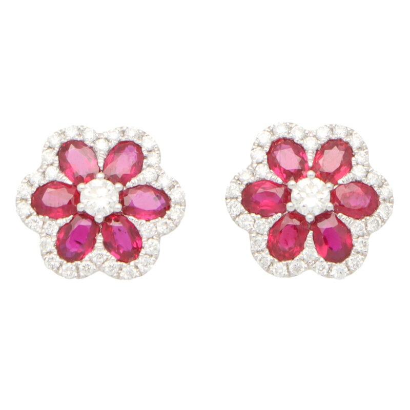 Ruby and Diamond Floral Cluster Earrings