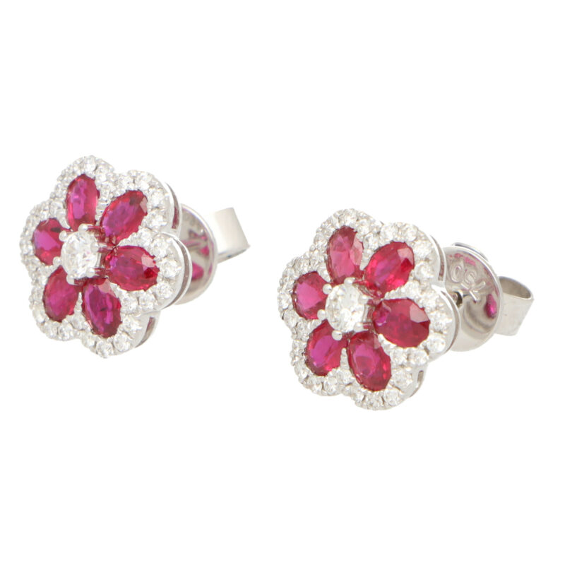 Ruby and Diamond Floral Cluster Earrings