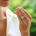 Art Deco Inspired Emerald and Diamond Target Halo Ring