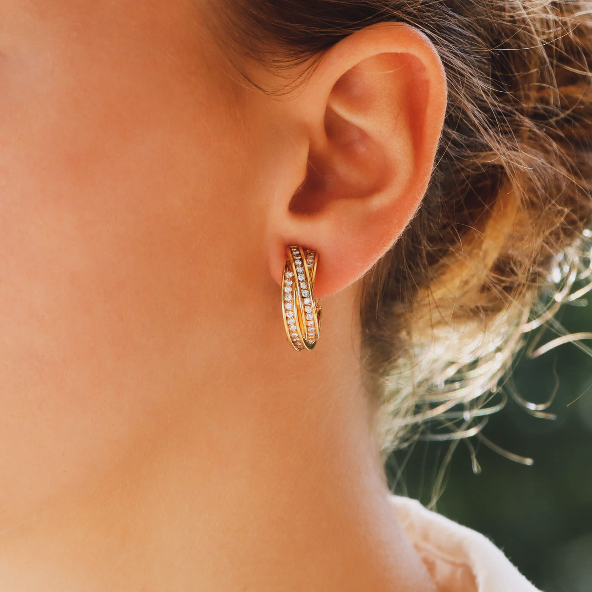 Vintage Cartier Diamond Trinity Hoop Earrings in Yellow Gold at Susannah Lovis Jewellers