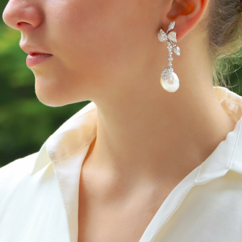 Baroque Pearl and Diamond Drop Earrings