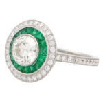 Art Deco Inspired Emerald and Diamond Target Halo Ring