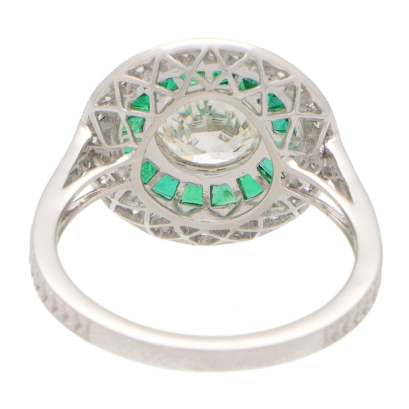 Art Deco Inspired Emerald and Diamond Target Halo Ring