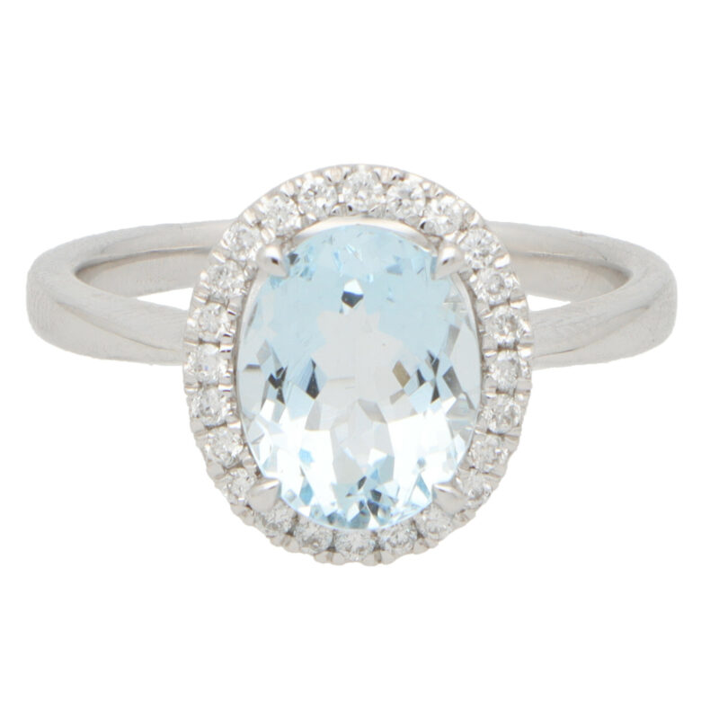 Aquamarine and Diamond Halo Cluster Ring