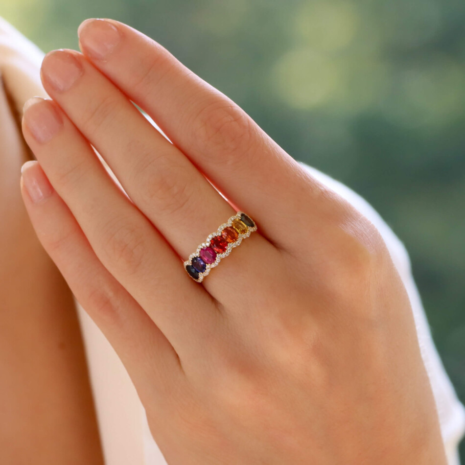 Contemporary Rainbow Sapphire and Diamond Half Eternity Ring