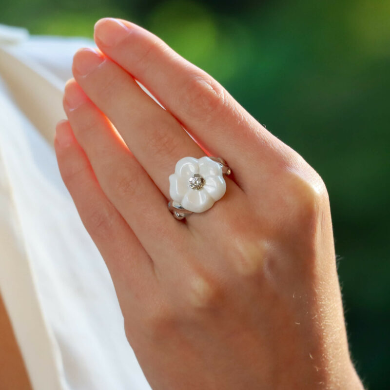 Vintage Chanel Camélia Galbé Ceramic and Diamond Flower Ring