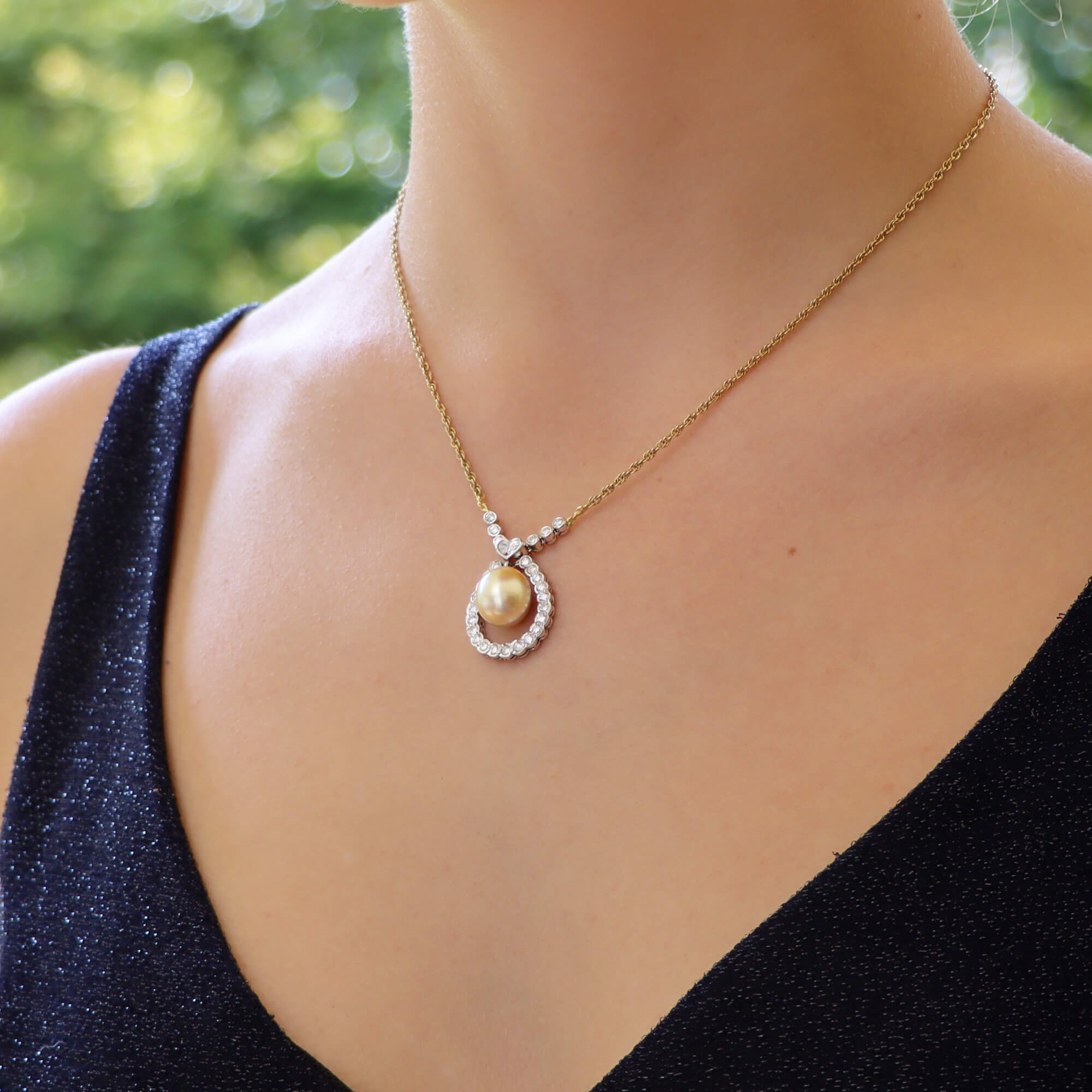 Golden Pearl and Diamond Pendant Necklace at Susannah Lovis Jewellers
