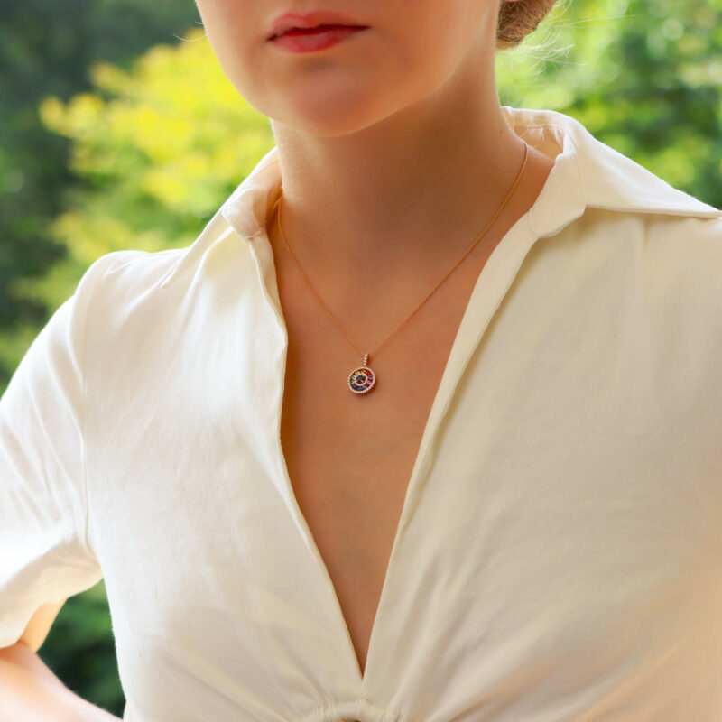 Rainbow Sapphire and Diamond Circle Pendant