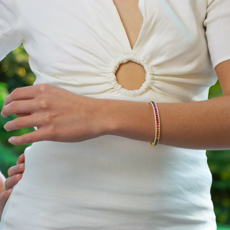 Contemporary Rainbow Sapphire and Diamond Hinged Bangle