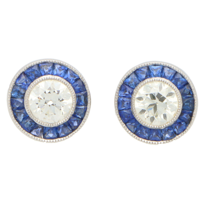 Art Deco Inspired Sapphire and Diamond Target Stud Earrings