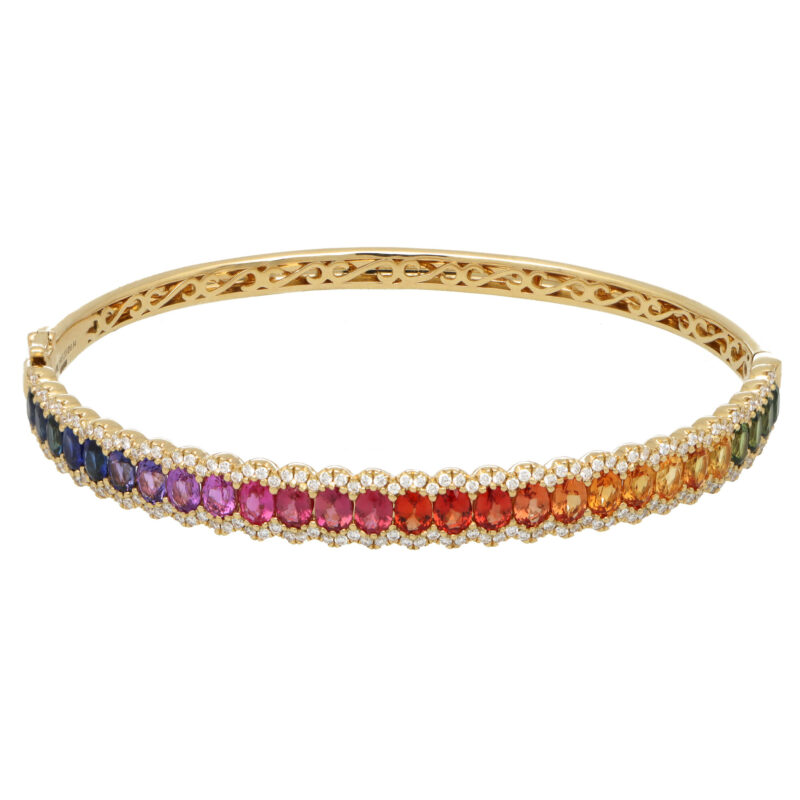 Contemporary Rainbow Sapphire and Diamond Hinged Bangle