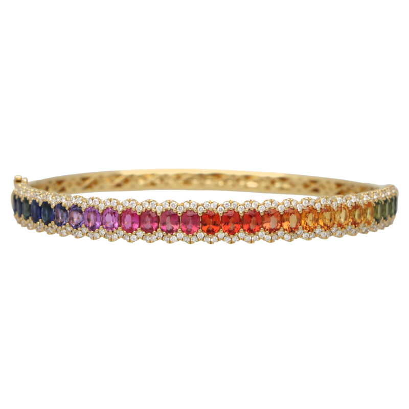 Contemporary Rainbow Sapphire and Diamond Hinged Bangle