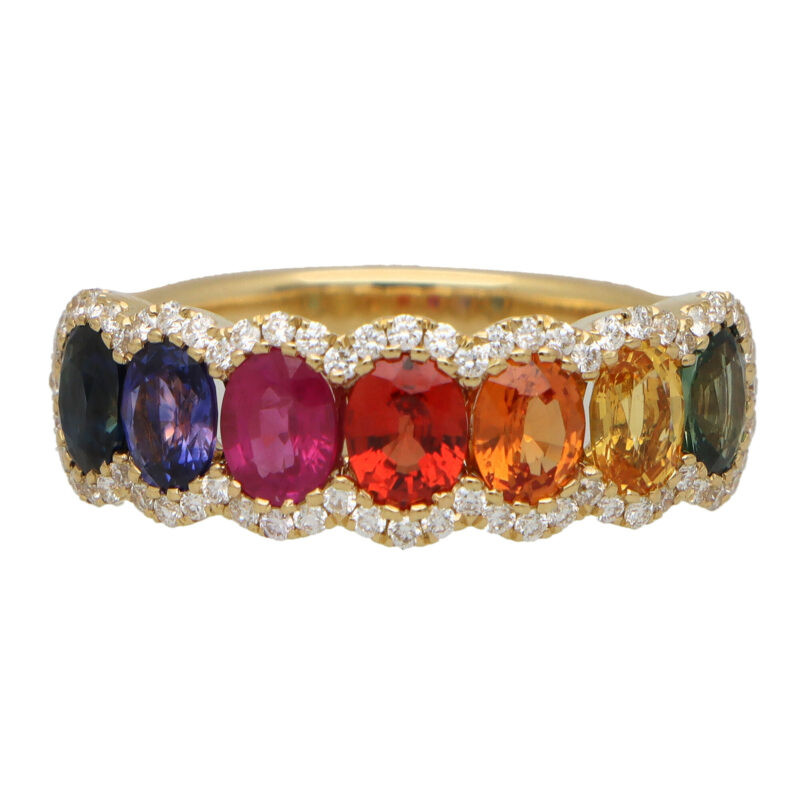 Contemporary Rainbow Sapphire and Diamond Half Eternity Ring