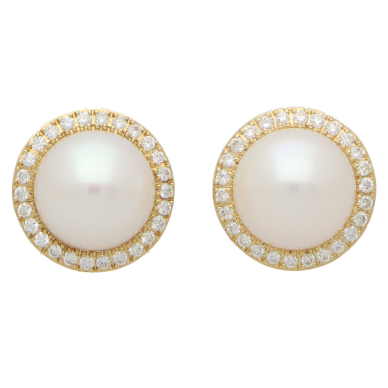 Contemporary Pearl and Diamond Halo Stud Earrings