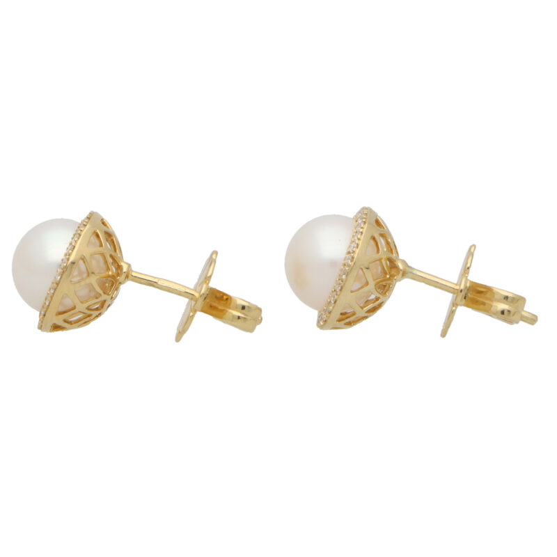 Contemporary Pearl and Diamond Halo Stud Earrings