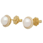 Contemporary Pearl and Diamond Halo Stud Earrings