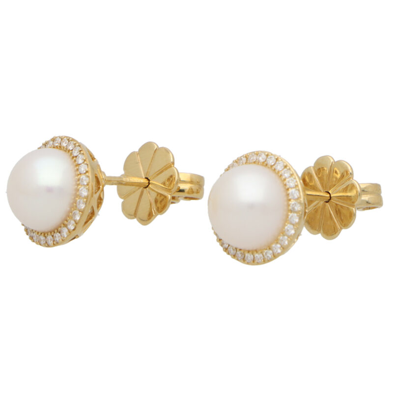 Contemporary Pearl and Diamond Halo Stud Earrings