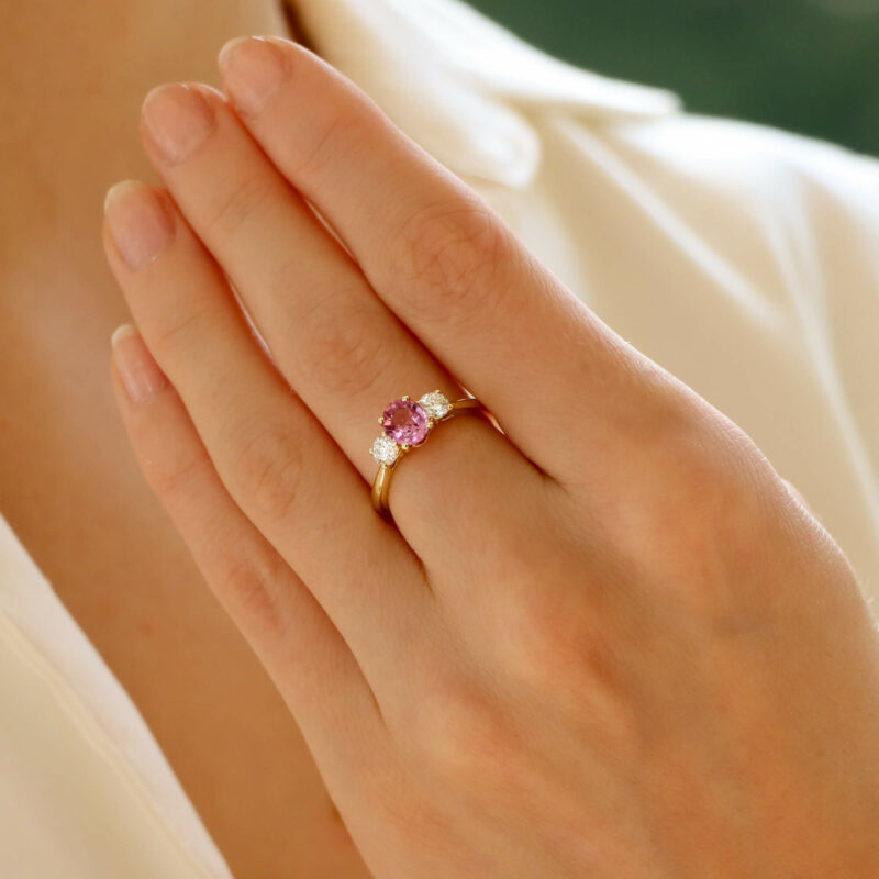 Pink Sapphire and Certified Diamond Trilogy Ring