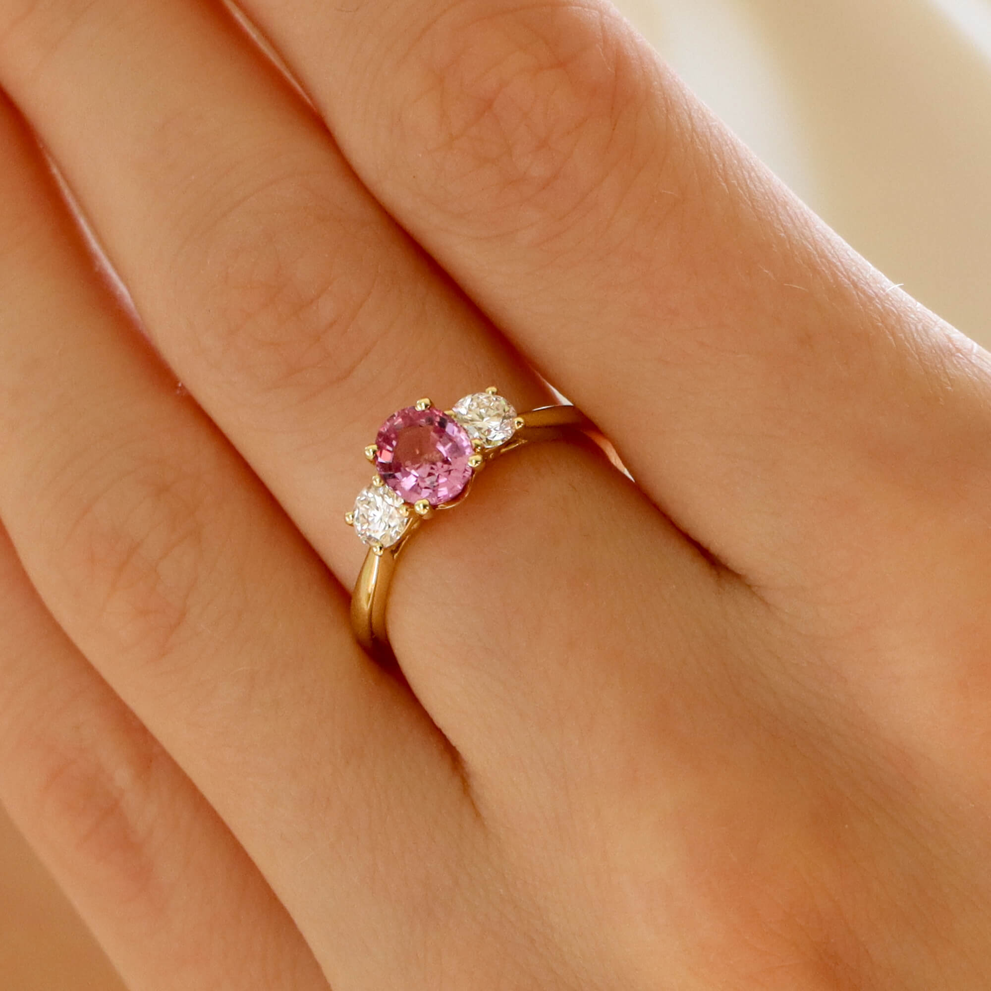 Pink Sapphire and Certified Diamond Trilogy Ring