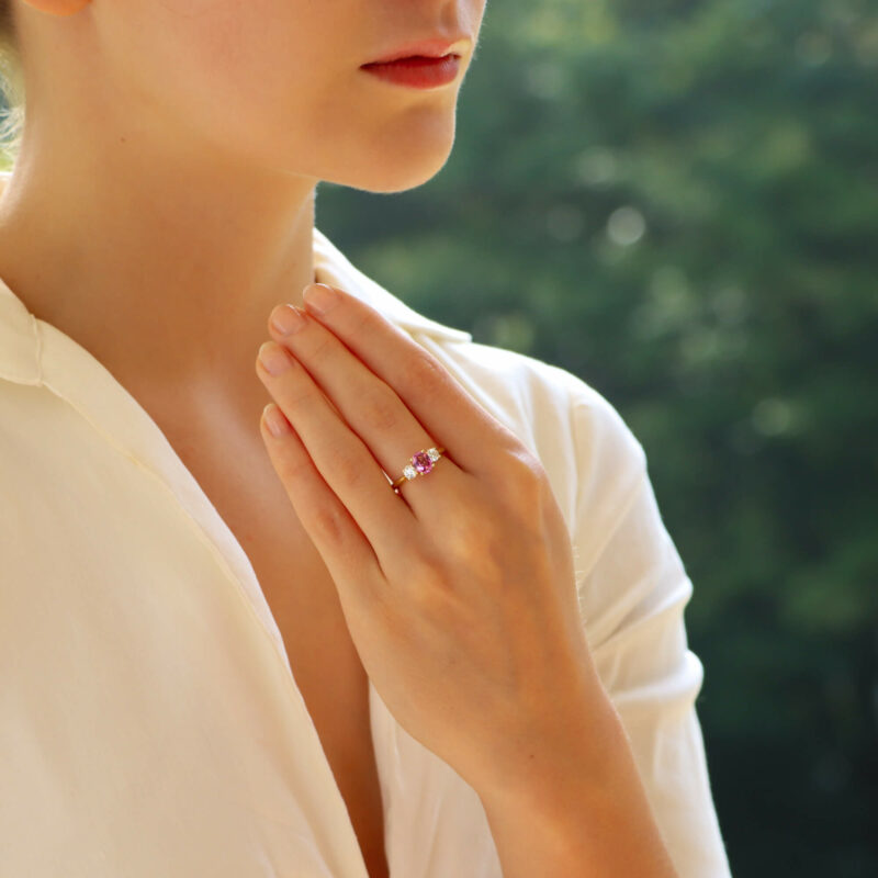 Pink Sapphire and Certified Diamond Trilogy Ring