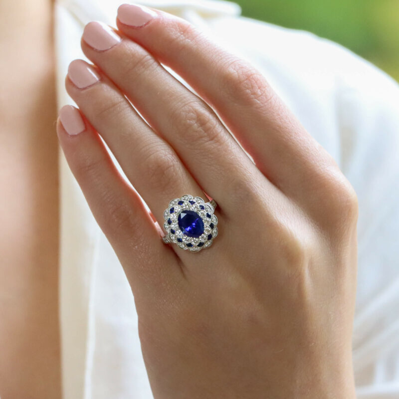 Royal Blue Sapphire and Diamond Floral Cluster Ring