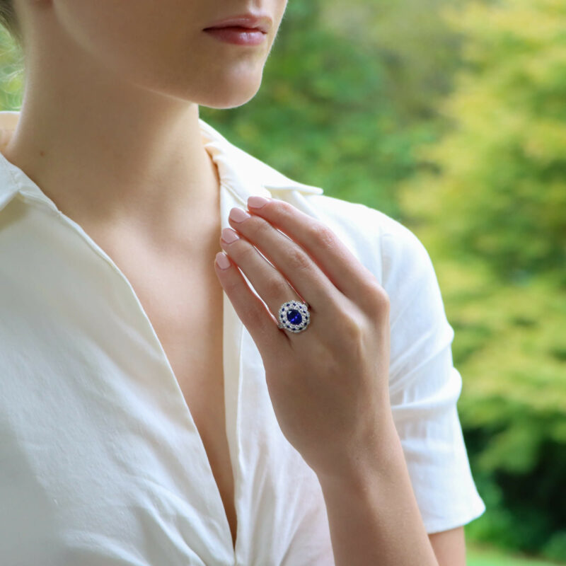 Royal Blue Sapphire and Diamond Floral Cluster Ring