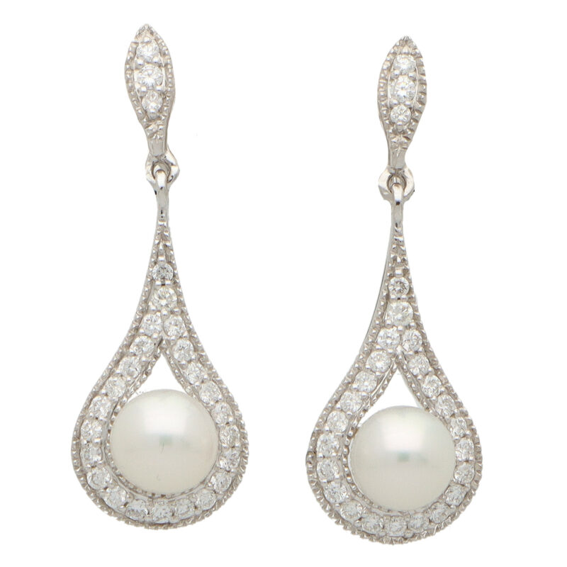 Diamond and Pearl Drop Earrings