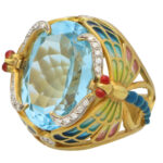 Vintage Masriera 'Lake Dragonflies' Topaz and Enamel Ring