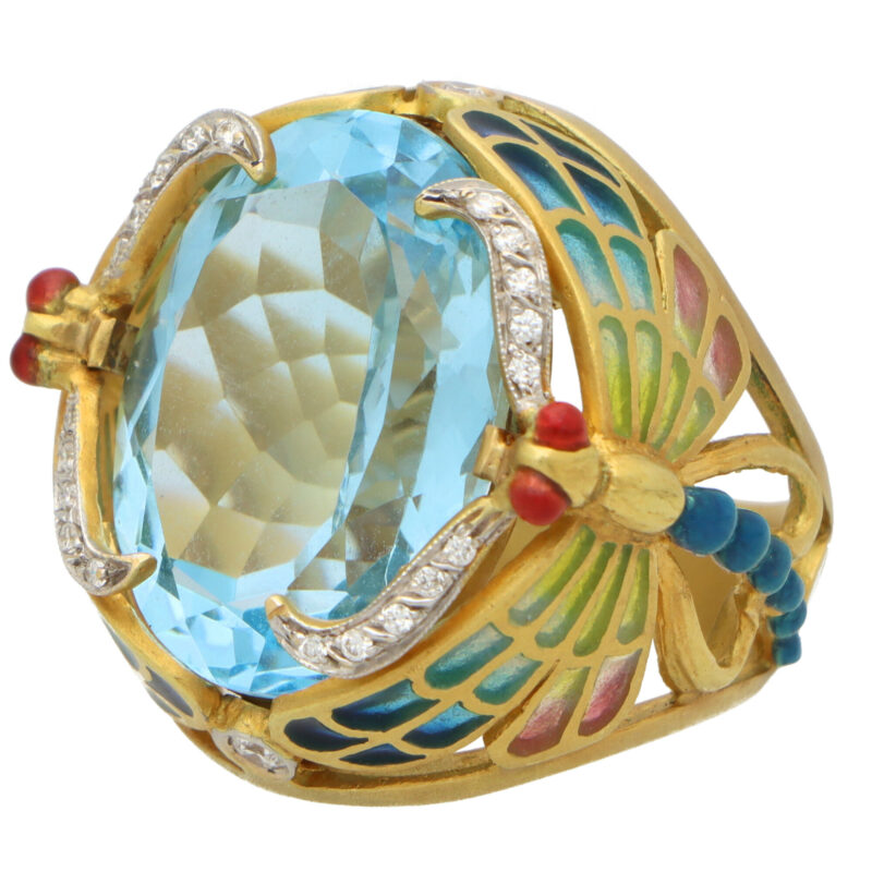 Vintage Masriera 'Lake Dragonflies' Topaz and Enamel Ring