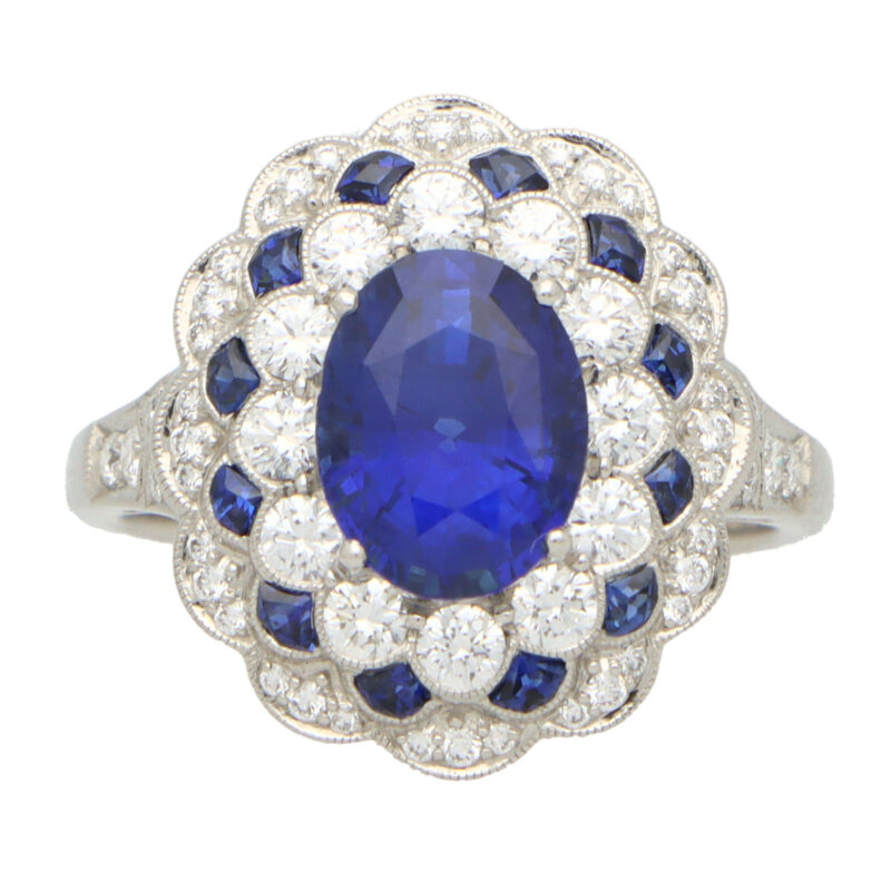 Royal Blue Sapphire and Diamond Floral Cluster Ring