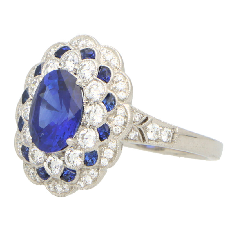 Royal Blue Sapphire and Diamond Floral Cluster Ring