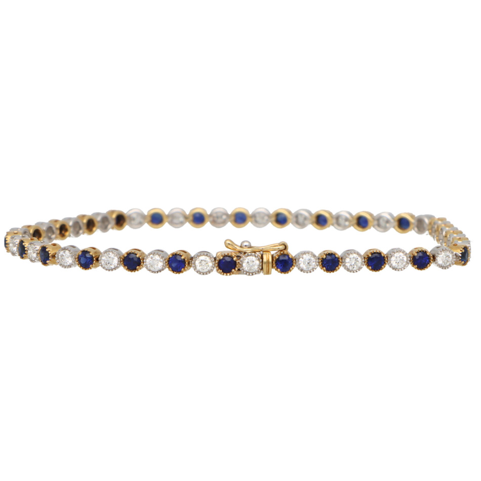 Contemporary Sapphire and Diamond Line Bracelet in Yellow Gold