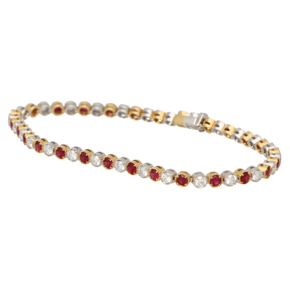 Contemporary Ruby and Diamond Line Bracelet in Gold