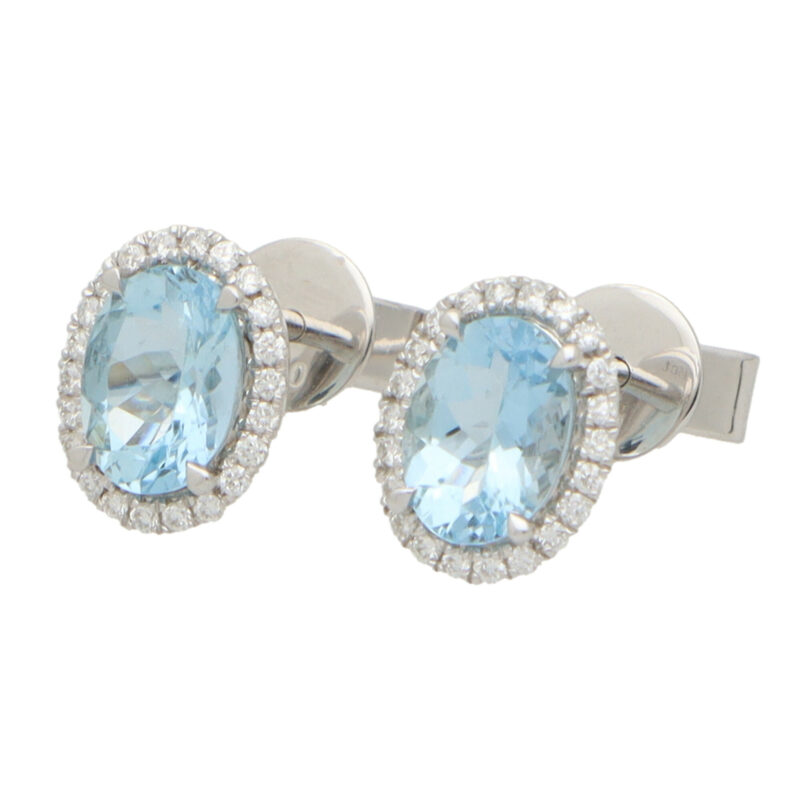 Aquamarine and Diamond Halo Stud Earrings