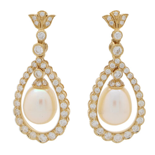 Contemporary Diamond and Pearl Garland Drop Earrings