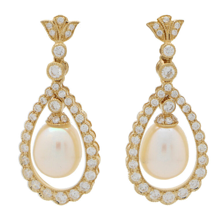 Contemporary Diamond and Pearl Garland Drop Earrings