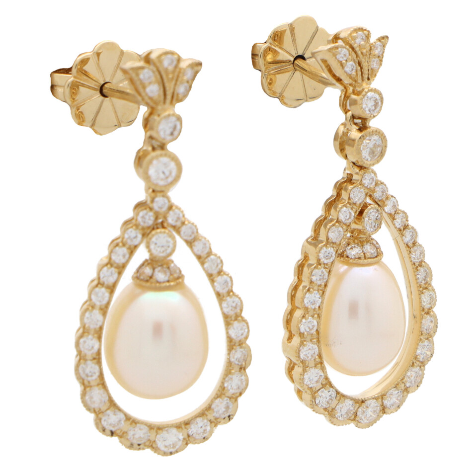 Contemporary Diamond and Pearl Garland Drop Earrings