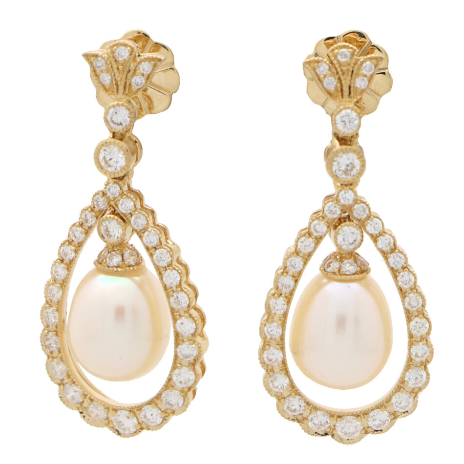 Contemporary Diamond and Pearl Garland Drop Earrings