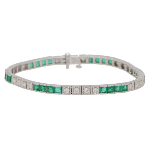 Contemporary Emerald and Diamond Line Bracelet in Yellow Gold