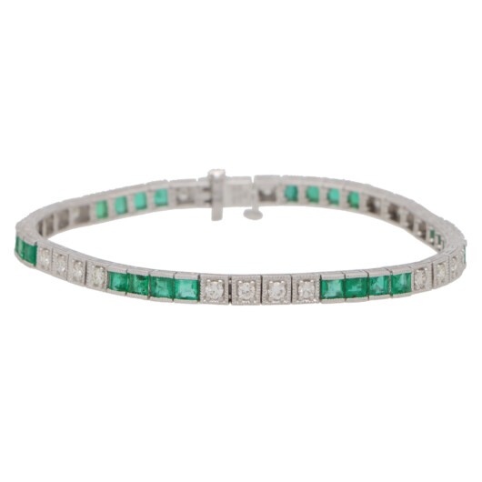 Contemporary Emerald and Diamond Line Bracelet in Yellow Gold