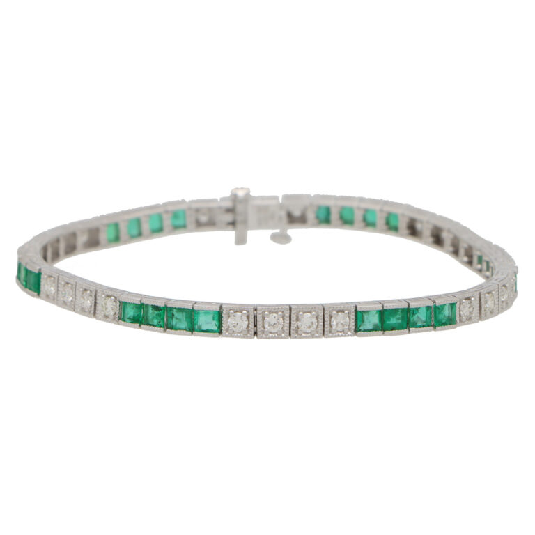 Contemporary Emerald and Diamond Line Bracelet in Yellow Gold
