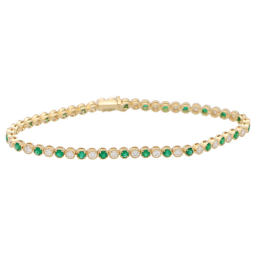 Contemporary Emerald and Diamond Line Bracelet in Yellow Gold