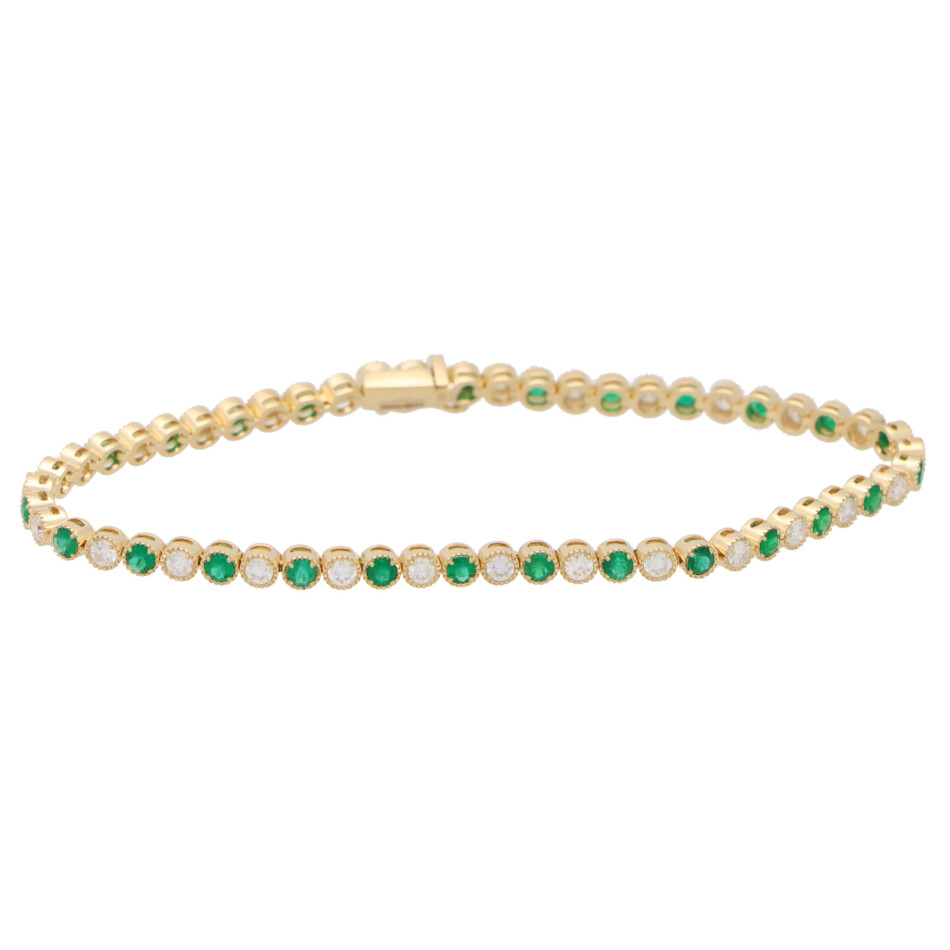 Contemporary Emerald and Diamond Line Bracelet in Yellow Gold