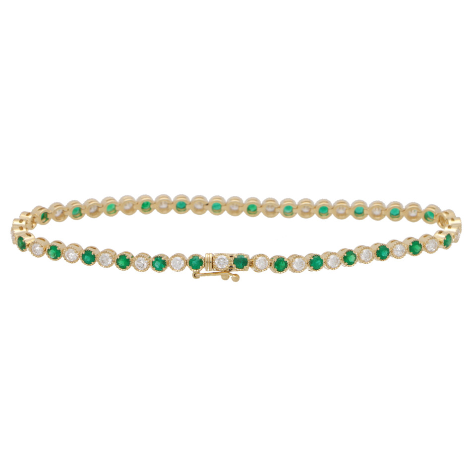 Contemporary Emerald and Diamond Line Bracelet in Yellow Gold