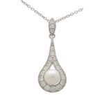 Diamond and Pearl Drop Pendant Necklace