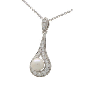 Diamond and Pearl Drop Pendant Necklace