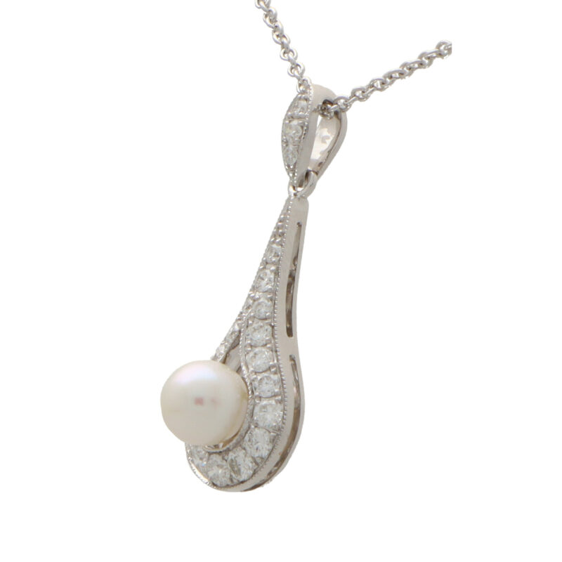 Diamond and Pearl Drop Pendant Necklace