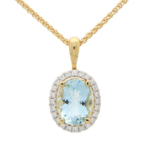 Aquamarine and Diamond Halo Pendant in Yellow Gold